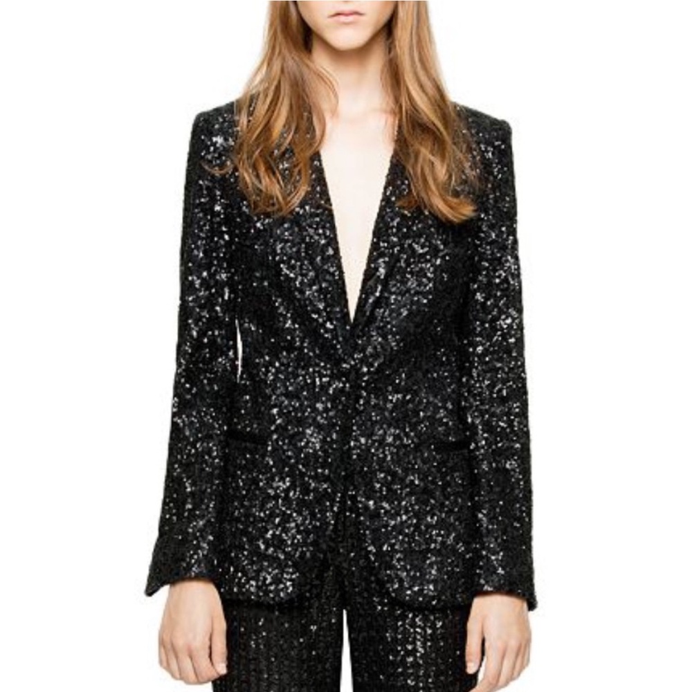 NEW NWT Zadig & Voltaire Virginie Sequins Deluxe Blazer Jacket In Black